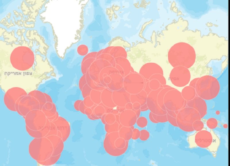 מםת התפשטות הקורונה בעולם (באדיבות סיסטמטיקס טכנולוגיות ESRI )